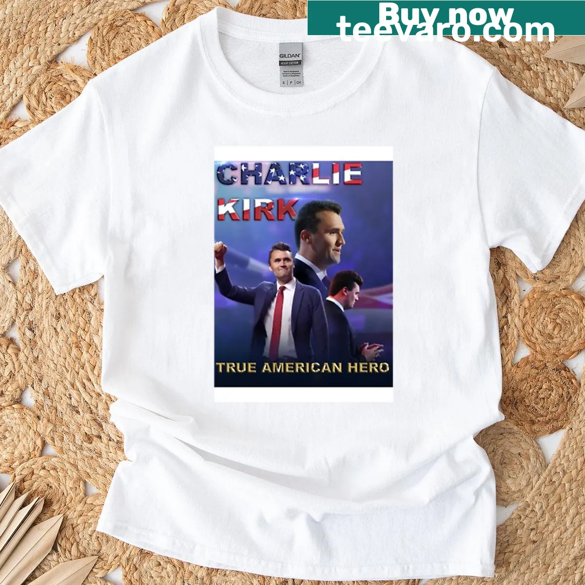T-shirt with a poster-style graphic of Charlie Kirk as an American hero — on a men's t-shirt