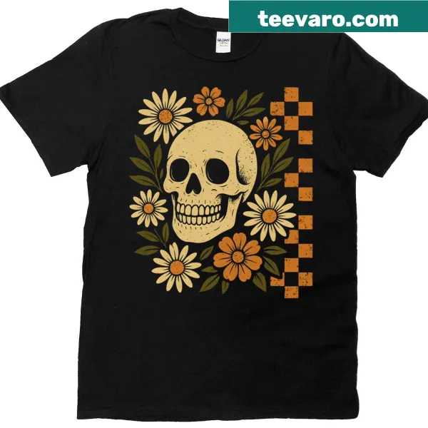 Vintage-style T-shirt with checkered floral skull design