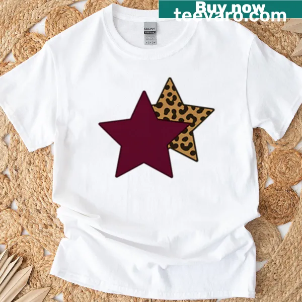 T-shirt featuring cheetah print stars on a cherry red background
