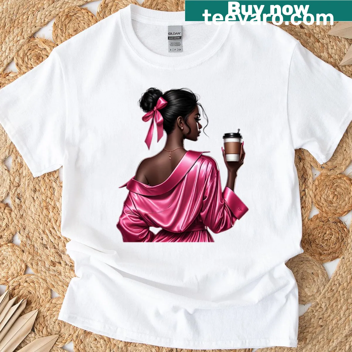Illustration of a chic black woman enjoying coffee on a cozy lifestyle T-shirt — on a men's t-shirt