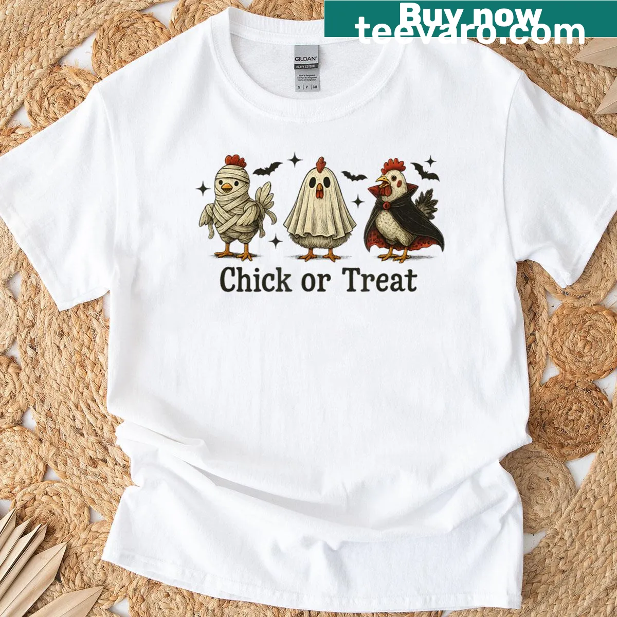 Funny Halloween t-shirt featuring a cartoon chicken — on a men's t-shirt