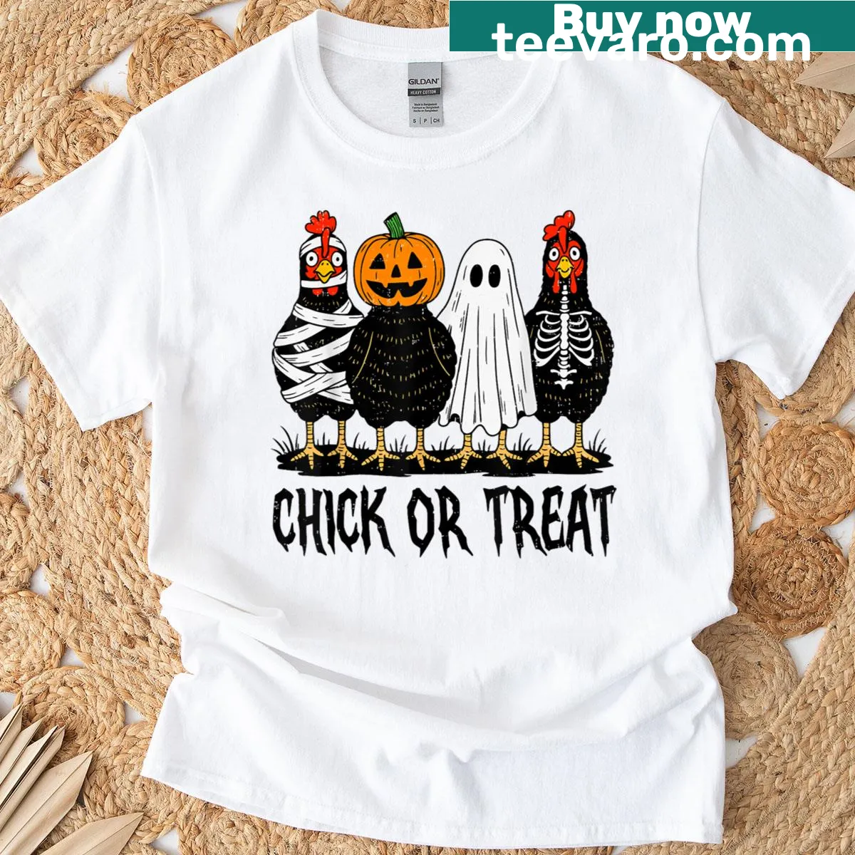 Funny Halloween T-shirt featuring a spooky chicken — on a men's t-shirt