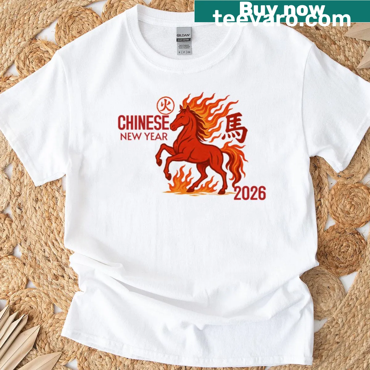 Chinese New Year themed T-shirt featuring festive symbols — on a men's t-shirt