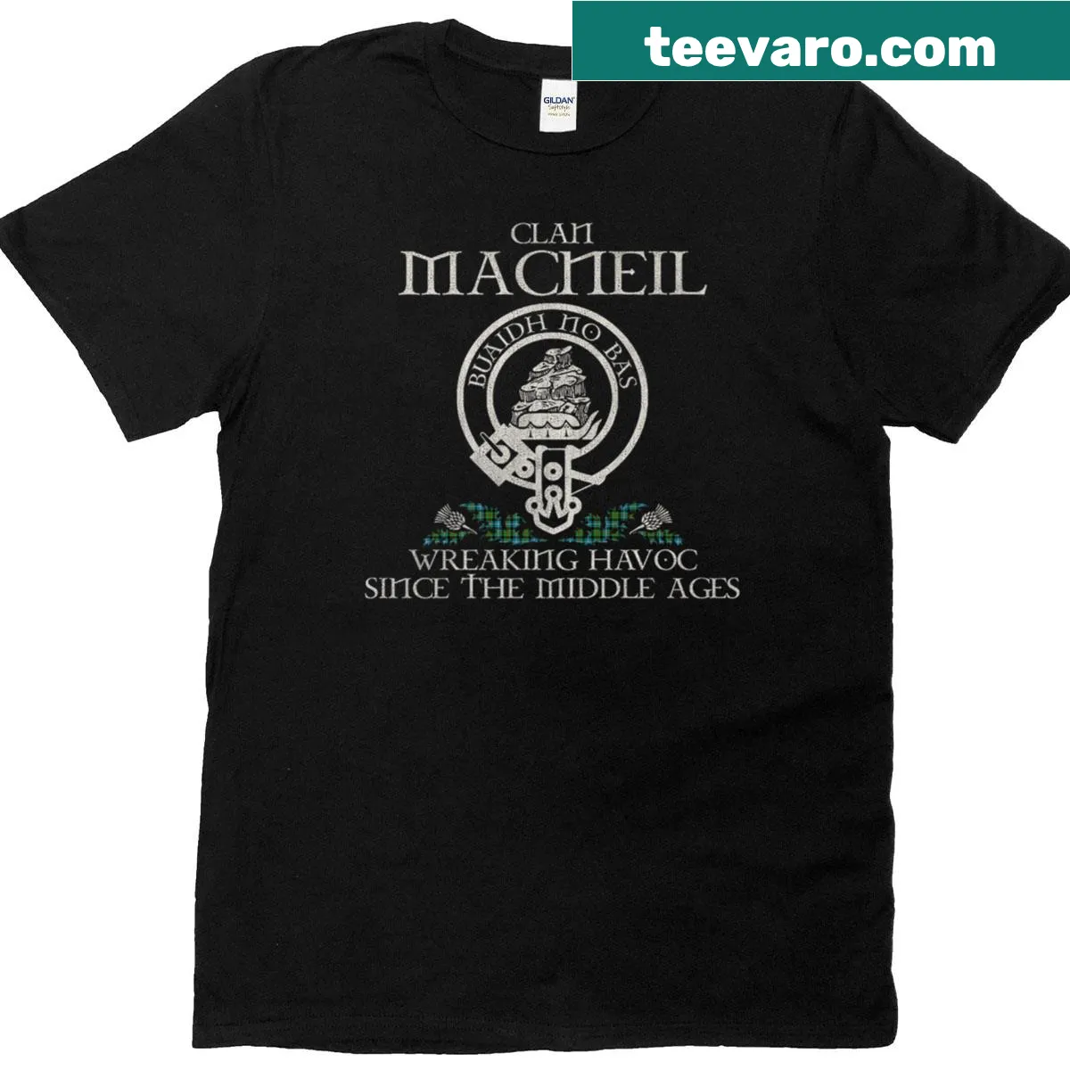 Vintage T-shirt featuring Clan Macneil crest design — on a men's t-shirt