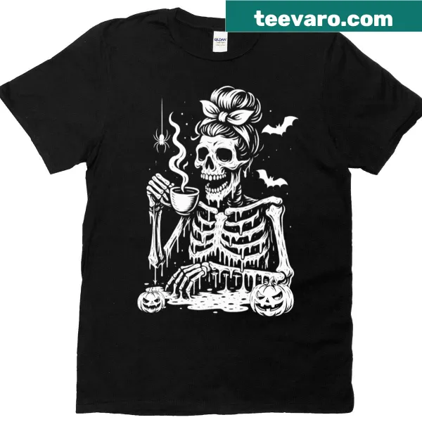 Cartoon skeleton drinking coffee on a Halloween T-shirt