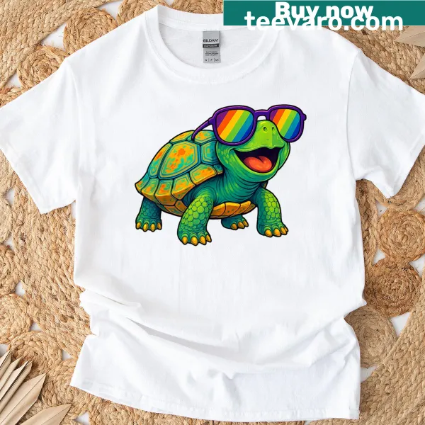 T-shirt featuring a cartoon turtle with sunglasses