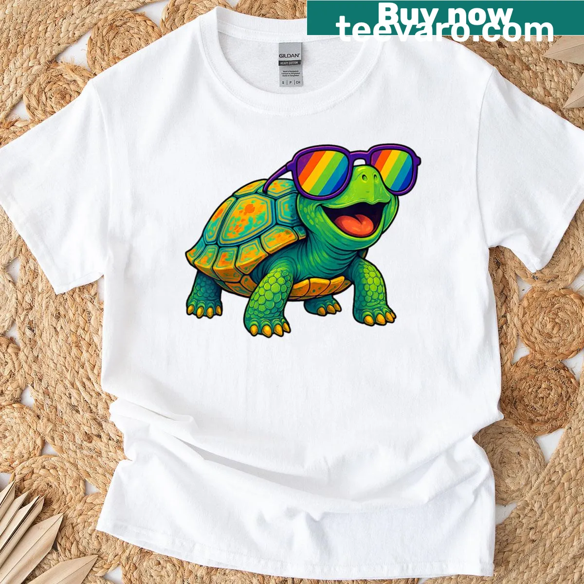 T-shirt featuring a cartoon turtle with sunglasses — on a men's t-shirt