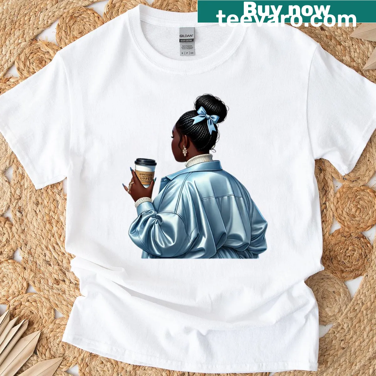 Chic lifestyle art T-shirt featuring a confident Black girl with coffee — on a men's t-shirt