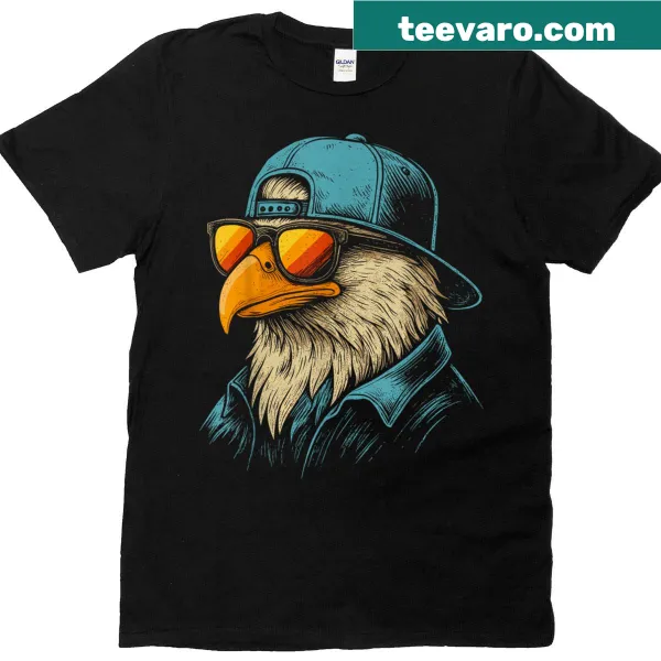 Illustration of eagles with sunglasses flying in the sky.
