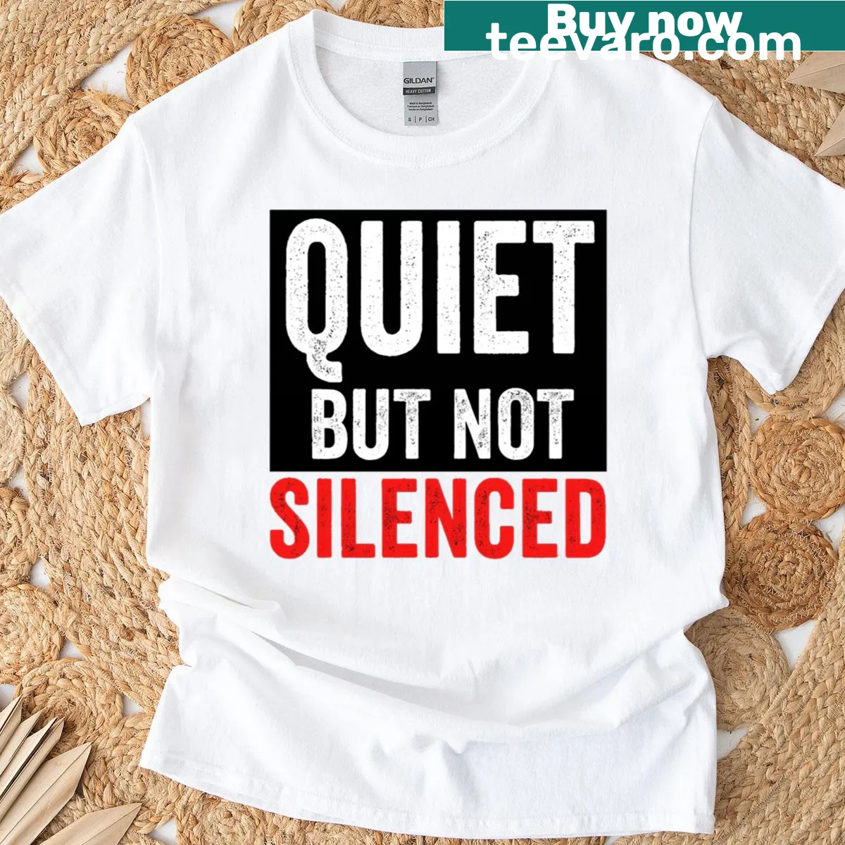 Text-based design stating 'Silenced But Not Quiet' on black background — on a men's t-shirt