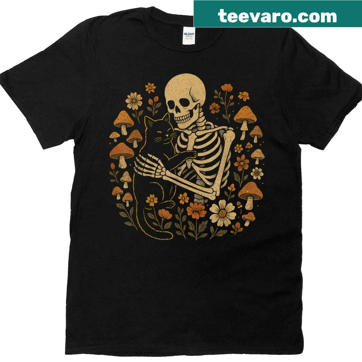 Illustrative T-shirt featuring skeleton hugging a cat with flowers and mushrooms — on a men's t-shirt