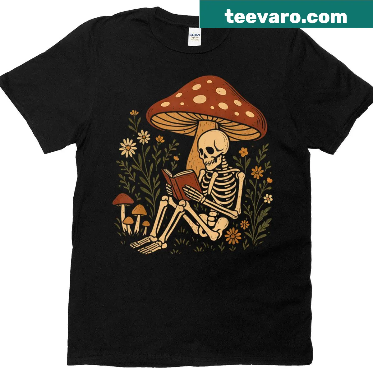 Cottagecore aesthetic T-shirt with skeleton, flowers, and mushrooms — on a men's t-shirt