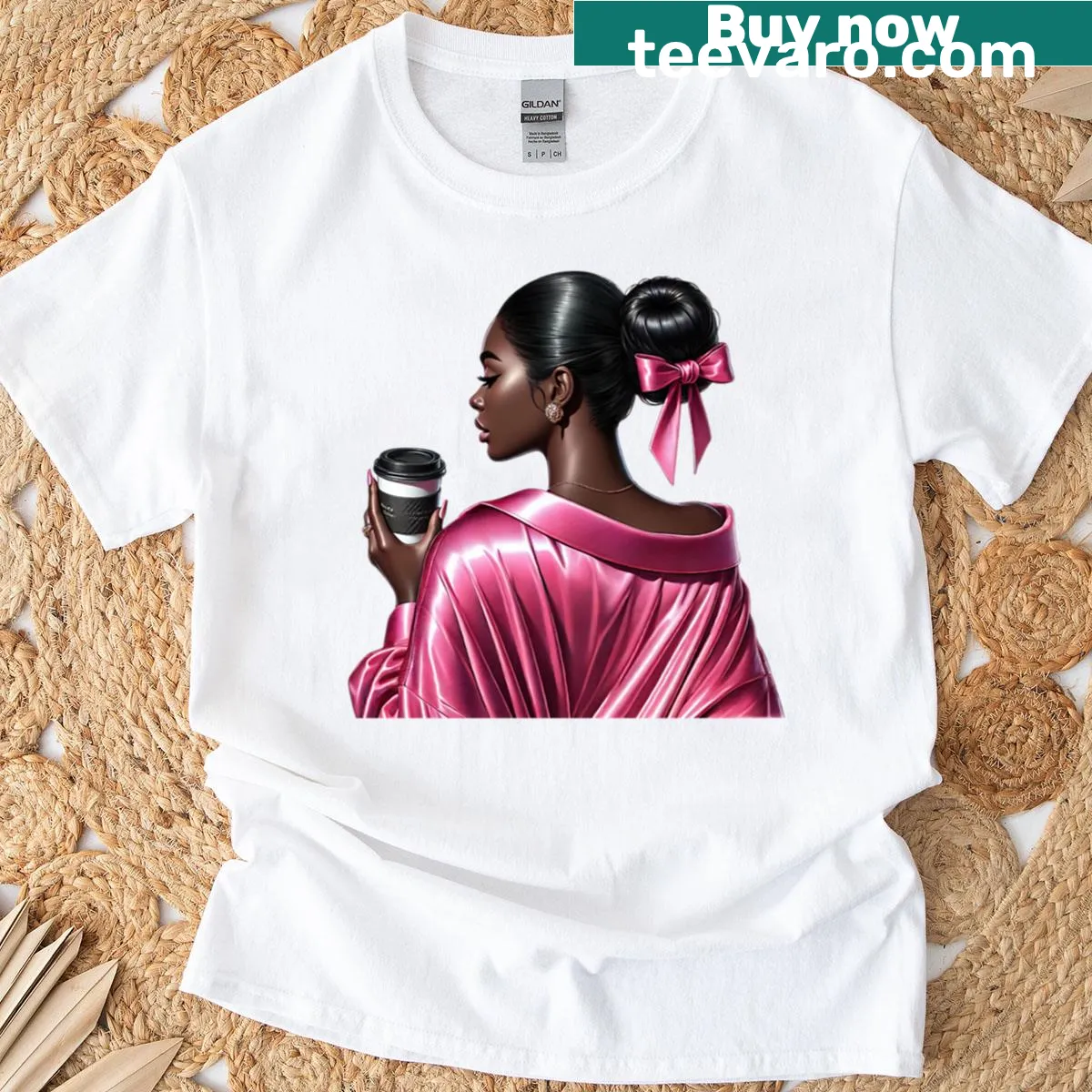 Illustration of stylish Black woman with coffee cup on T-shirt — on a men's t-shirt