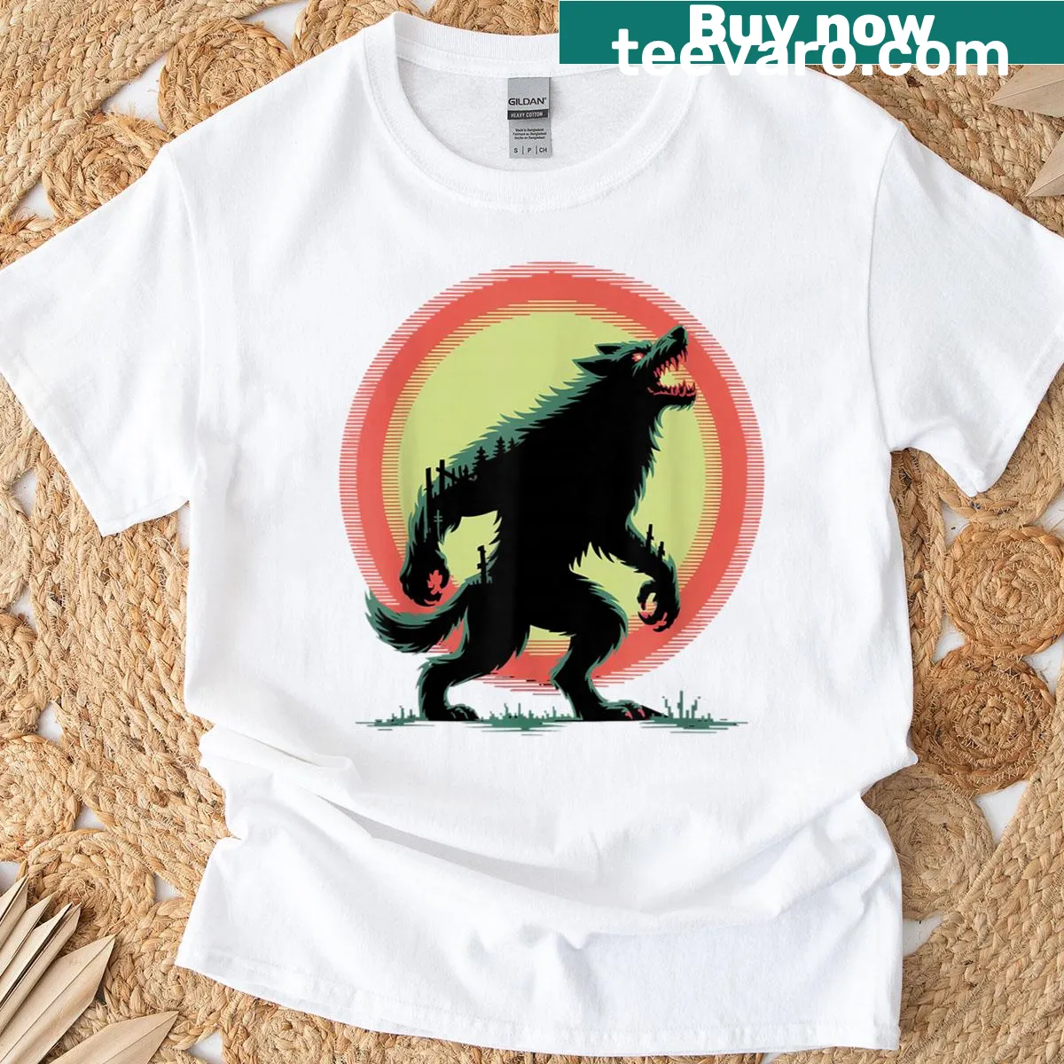 Vintage-style t-shirt featuring a creepy wolf under a blood moon — on a men's t-shirt