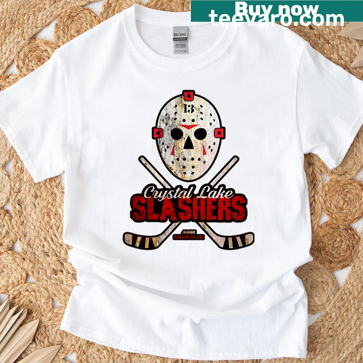 Illustration-based horror tee featuring elements from slasher films — on a men's t-shirt