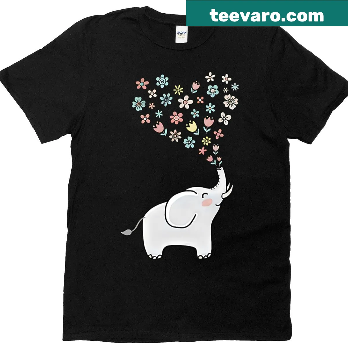 Whimsical T-shirt featuring a cute elephant with flowers — on a men's t-shirt