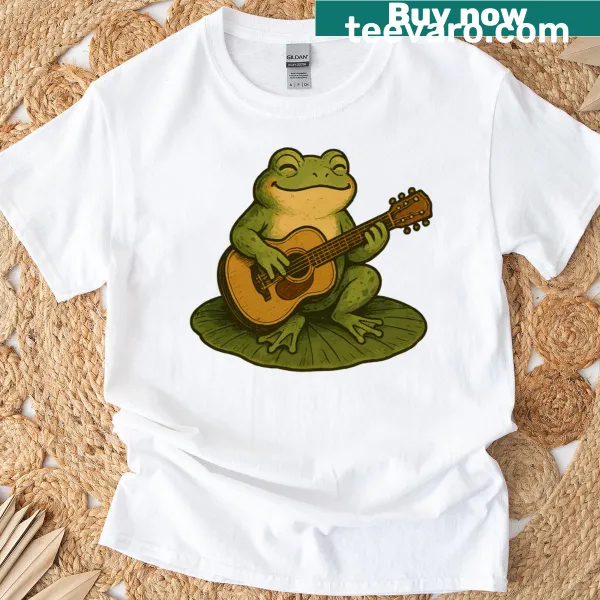 Vintage style frog playing guitar on a lily pad illustration