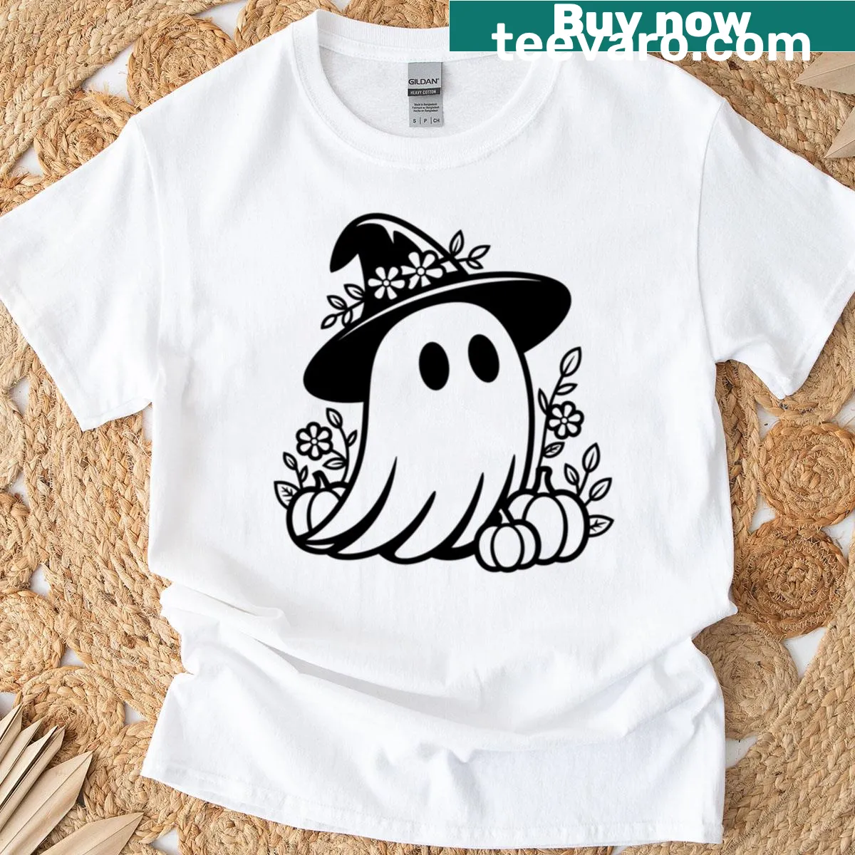 Cute ghost with fall florals graphic on a T-shirt — on a men's t-shirt