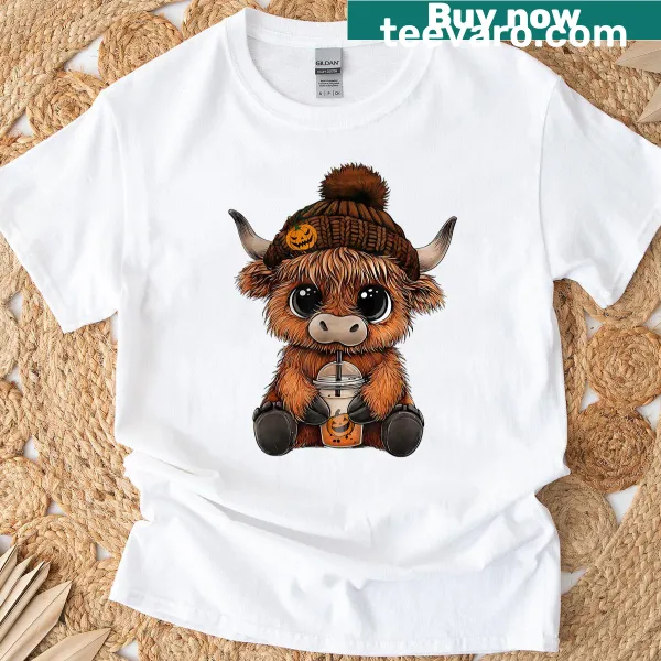Adorable highland cow with hat and pumpkin drink illustration