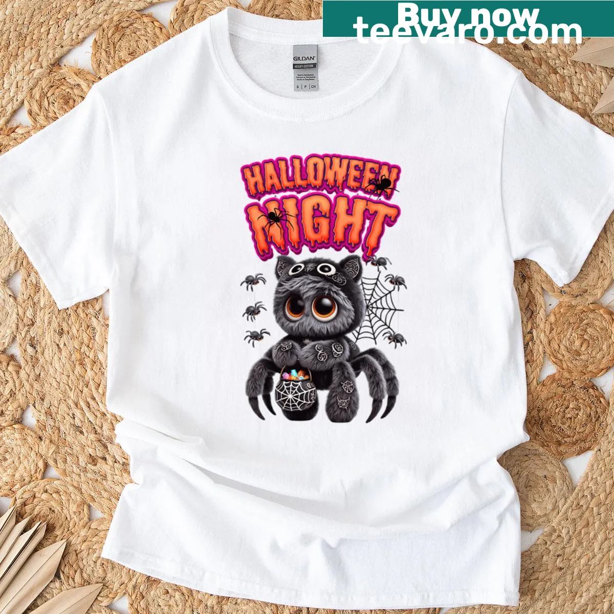 Cute T-shirt featuring a kawaii spider on Halloween night — on a men's t-shirt