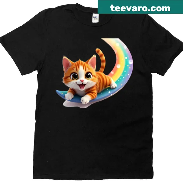 Illustration of a cute kitten surfing on a rainbow