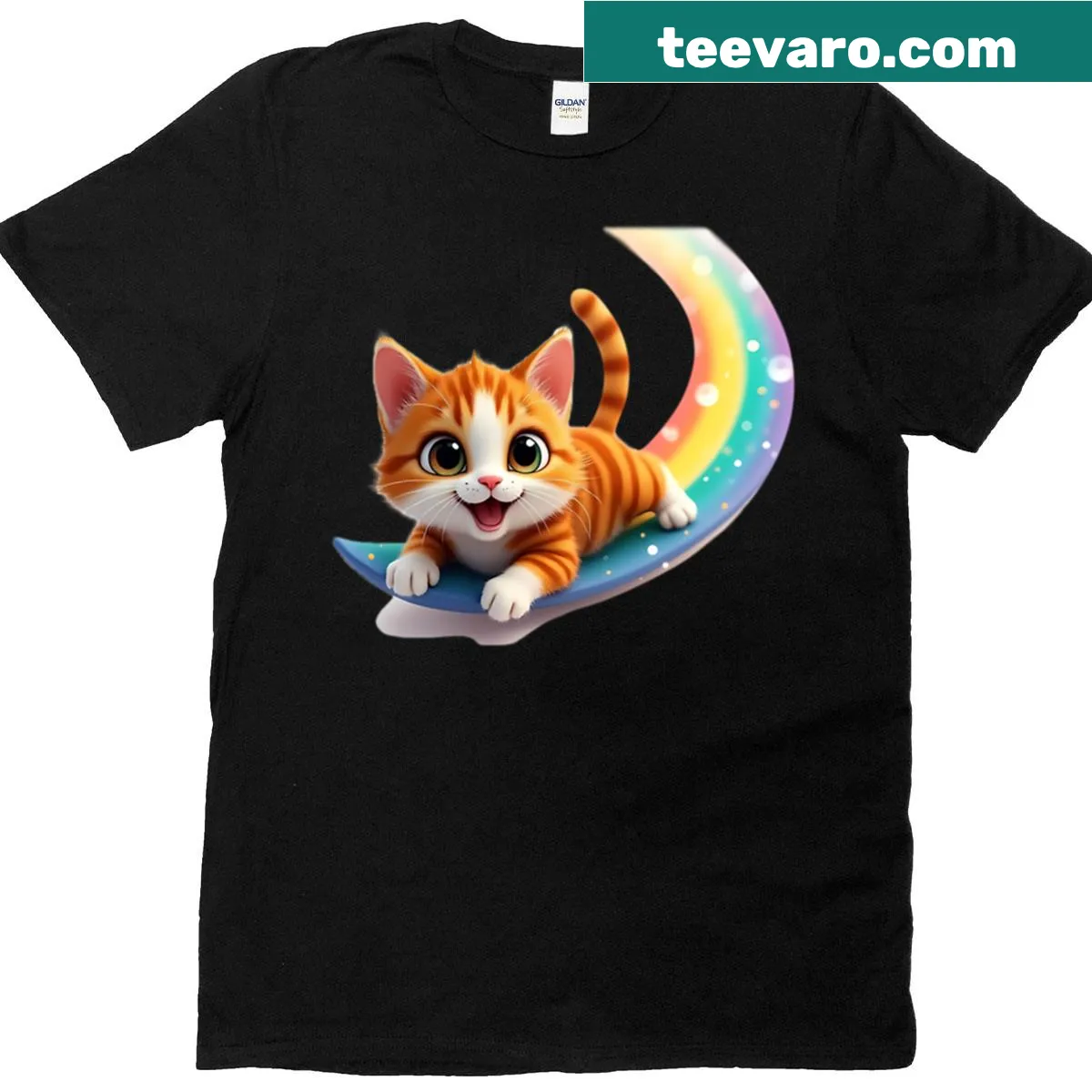Illustration of a cute kitten surfing on a rainbow — on a men's t-shirt