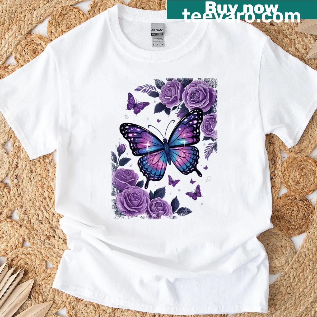 Vintage graphic t-shirt with butterfly wings and rose illustration — on a men's t-shirt