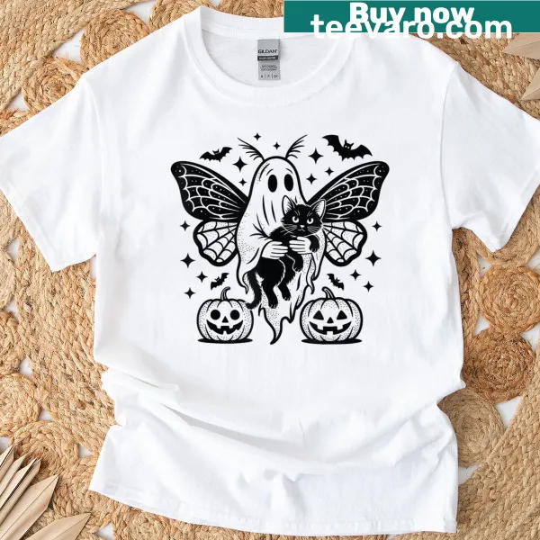 Vintage cartoon T-shirt featuring a cute ghost with fairy wings and a black cat.