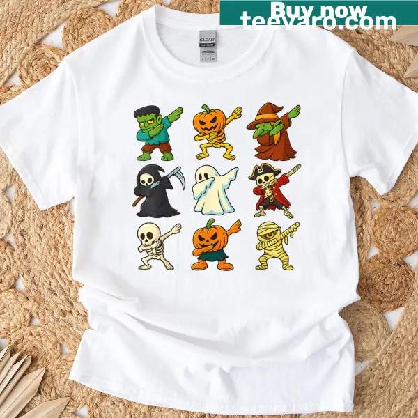 Cartoon Halloween T-shirt with skeleton, pumpkin, ghost, and vampire