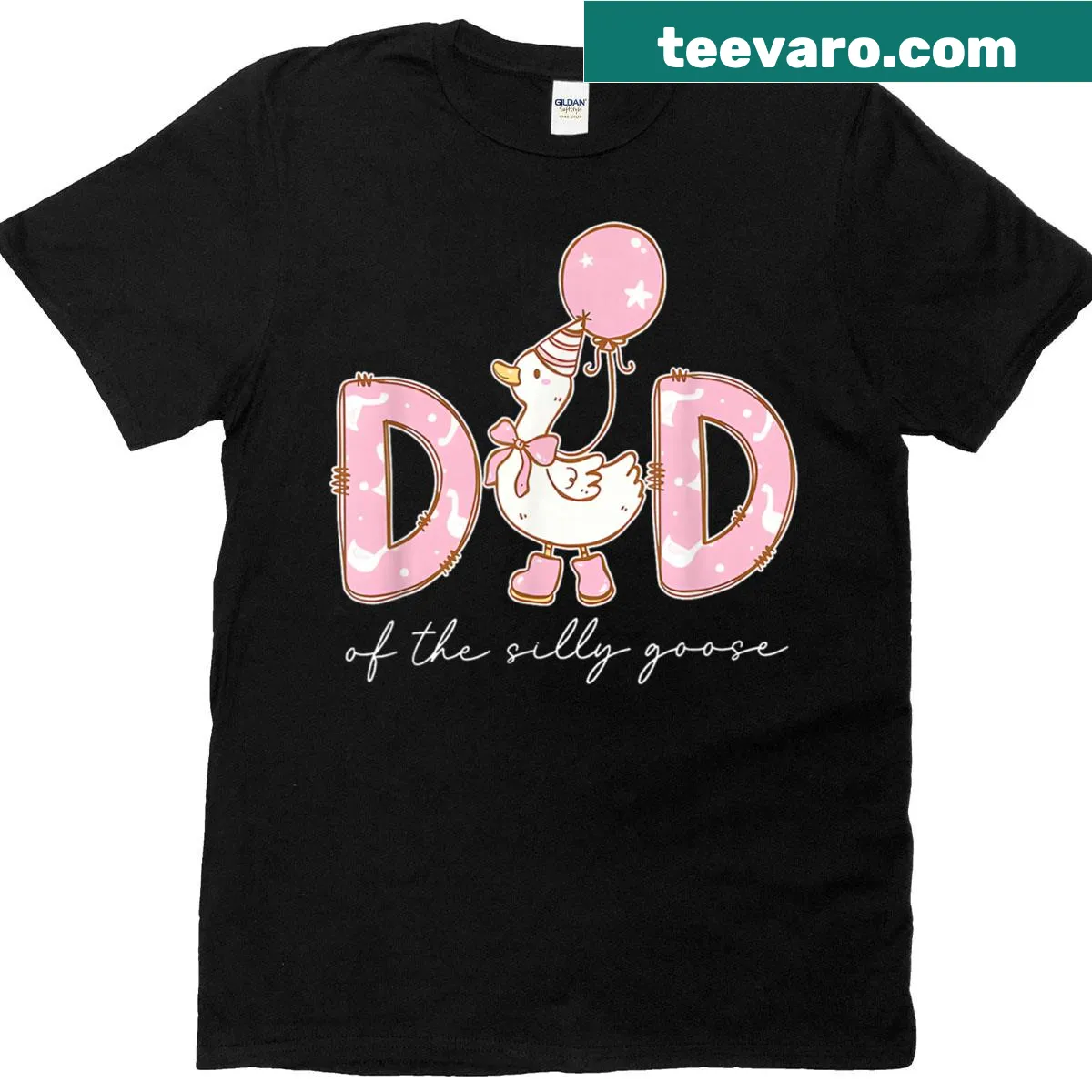 Cartoon T-shirt with 'Dad Of The Silly Goose' text and graphics — on a men's t-shirt
