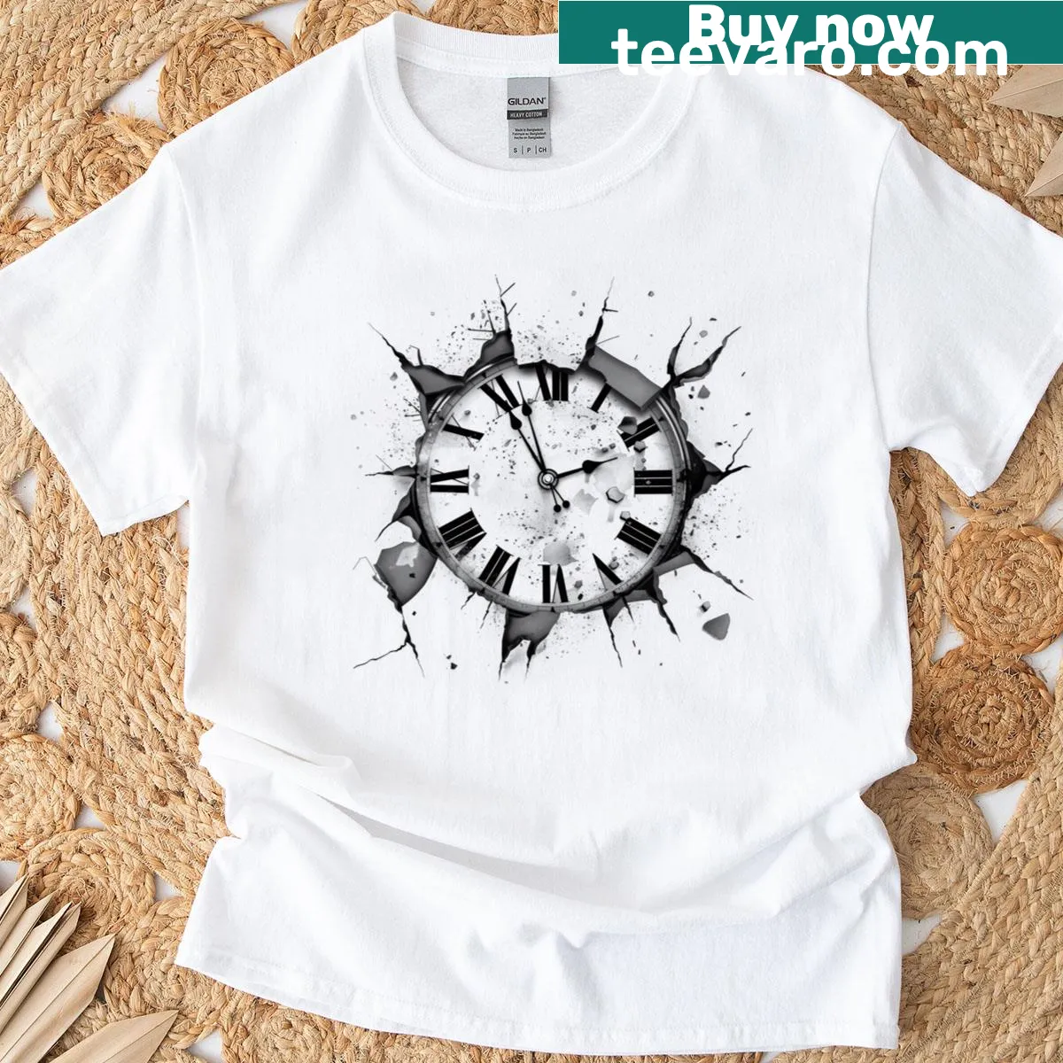 Gothic steampunk clock design on a dark vintage T-shirt — on a men's t-shirt