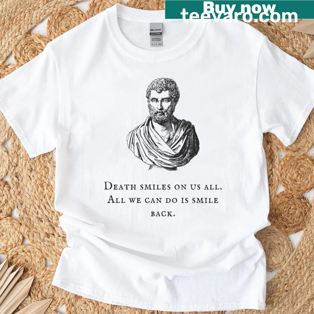 T-shirt with the phrase about life and death in bold typography — on a men's t-shirt