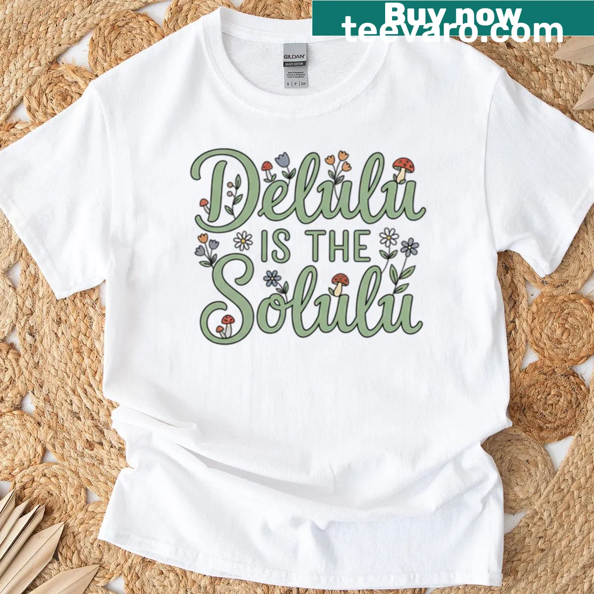 Cottagecore quote 'Delulu Is The Solulu' graphic on t-shirt — on a men's t-shirt