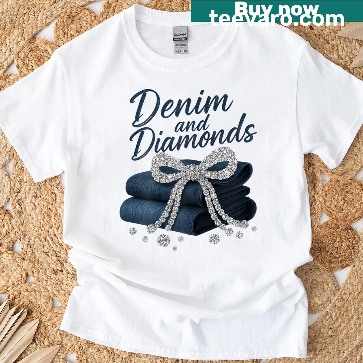 Retro T-shirt with denim and diamonds bow design for women — on a men's t-shirt
