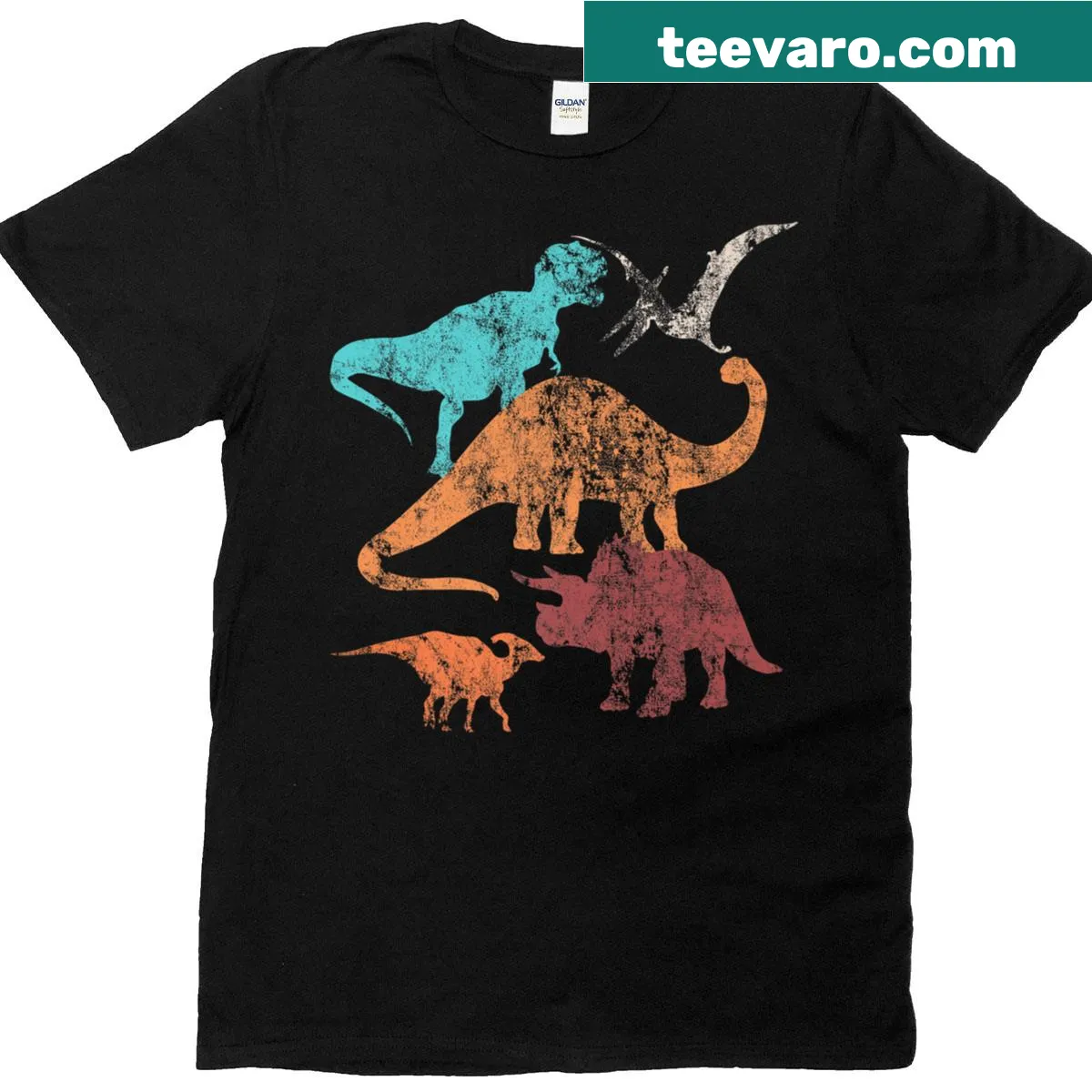 Retro dinosaur graphic T-shirt — on a men's t-shirt