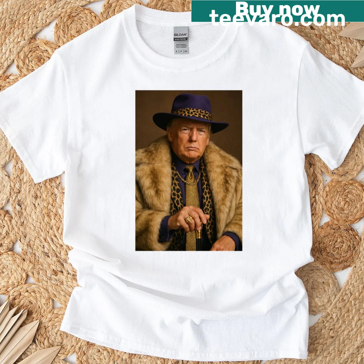 Illustrative t-shirt featuring a humorous portrayal of Donald Trump. — on a men's t-shirt