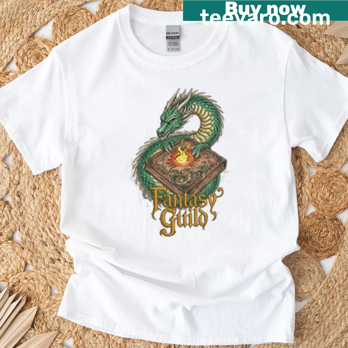 Fantasy-themed t-shirt with Dragon Guild graphic — on a men's t-shirt
