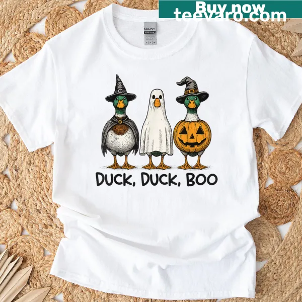 Halloween T-shirt with 'Duck Duck Boo' and a cartoon mallard