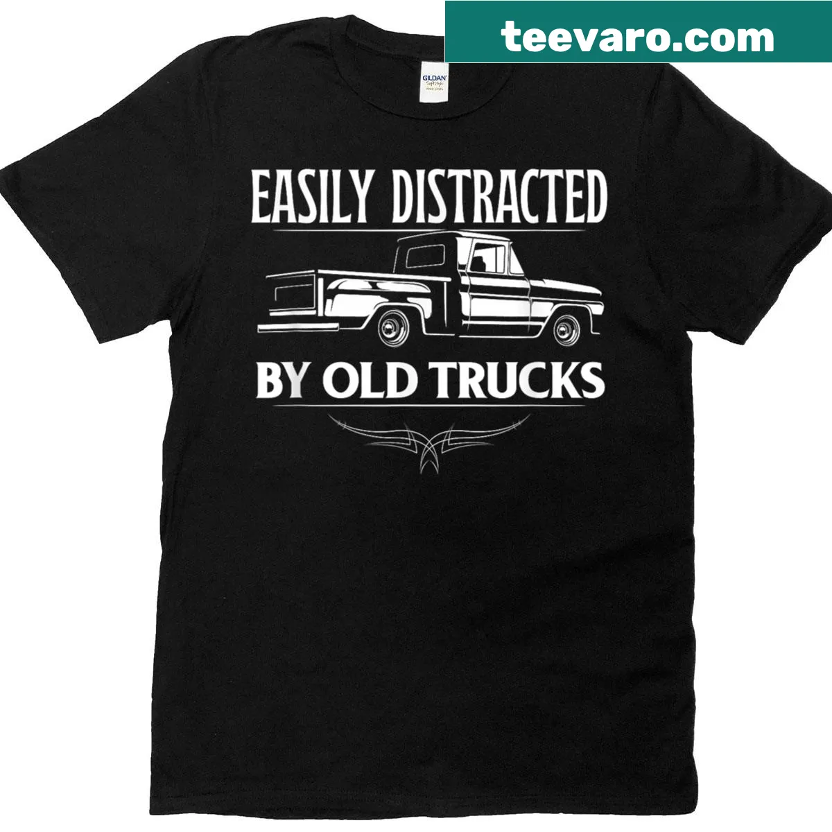 Vintage pickup truck t-shirt with humorous distraction theme — on a men's t-shirt