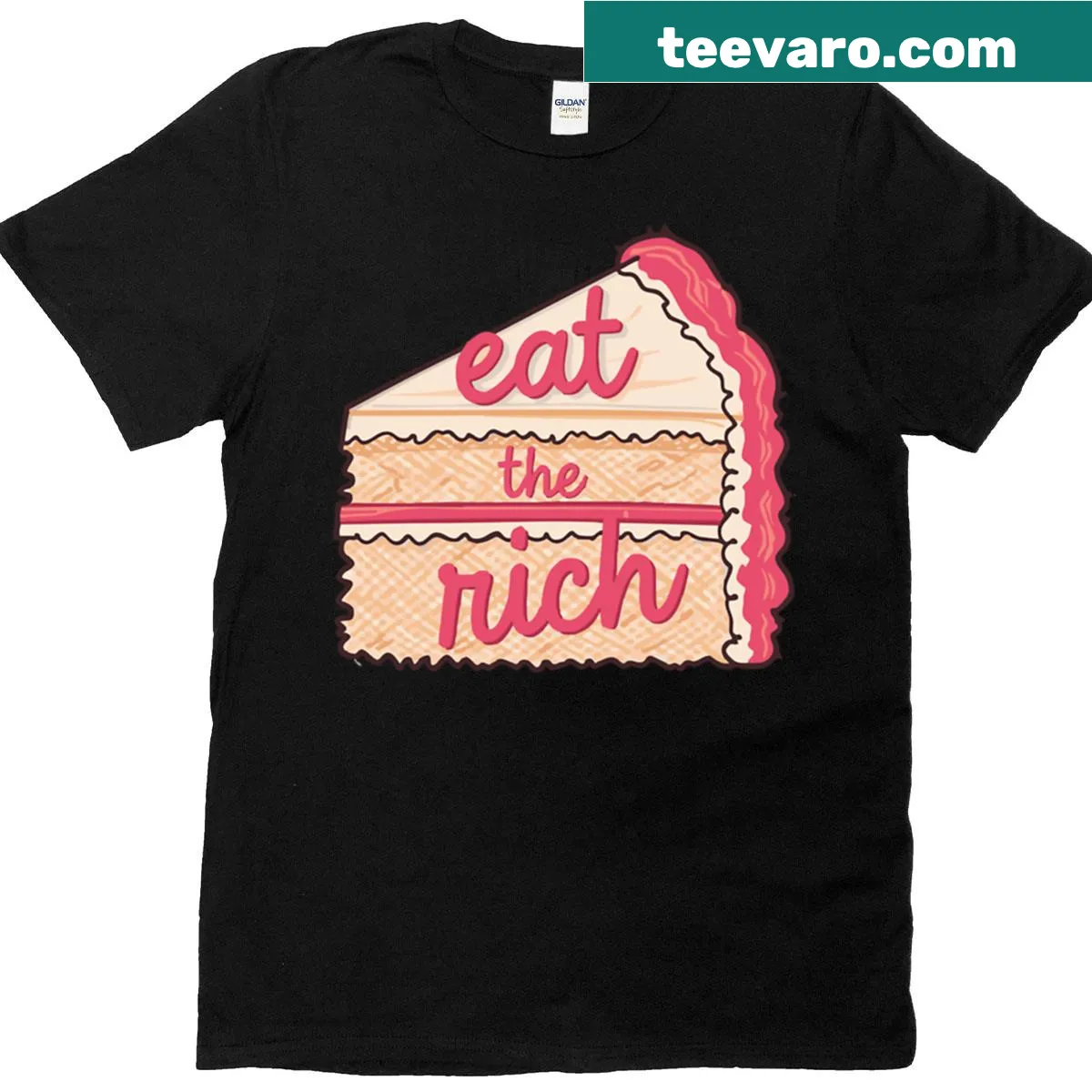Protest art t-shirt with layered cake and 'Eat The Rich' text — on a men's t-shirt