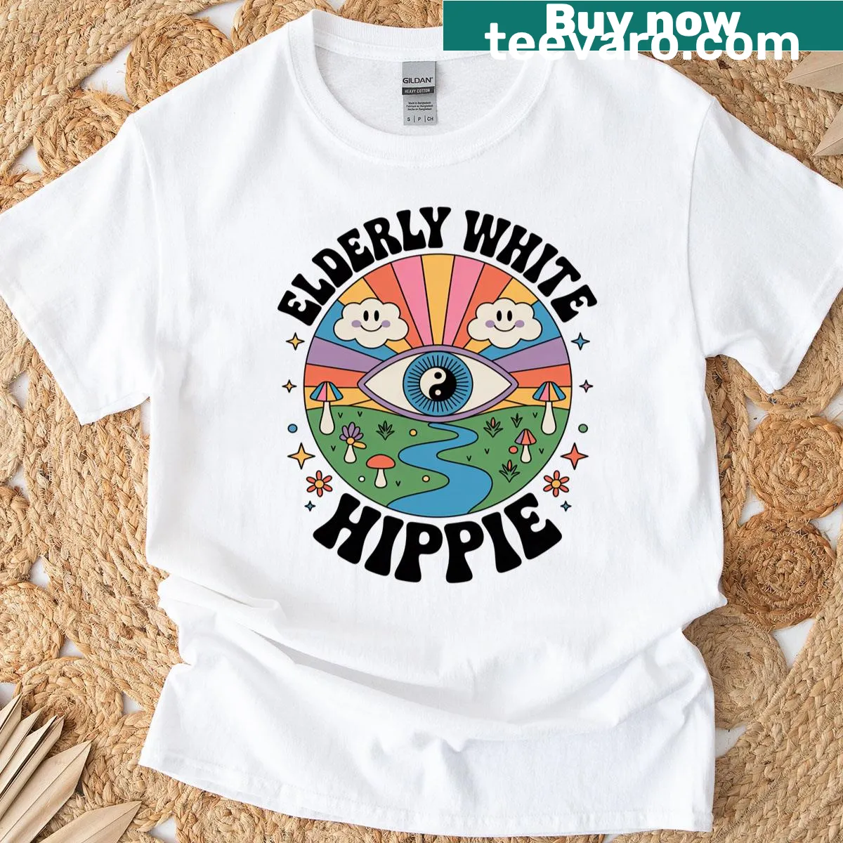 Retro psychedelic t-shirt with humorous hippie-themed graphics — on a men's t-shirt