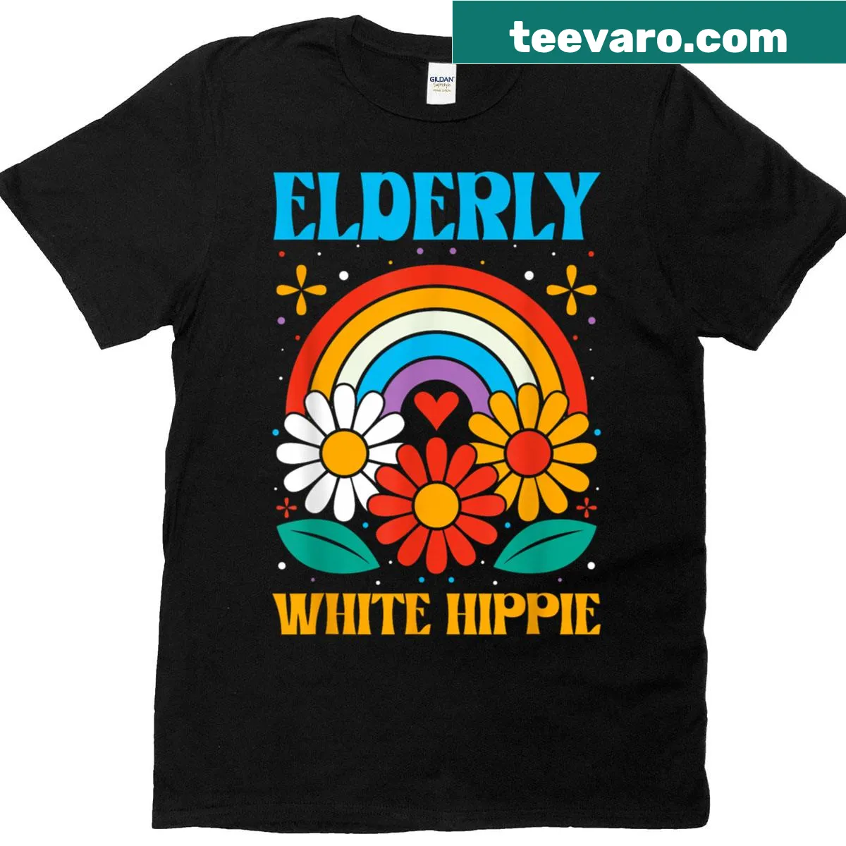 Retro T-shirt with rainbow and flower power design — on a men's t-shirt