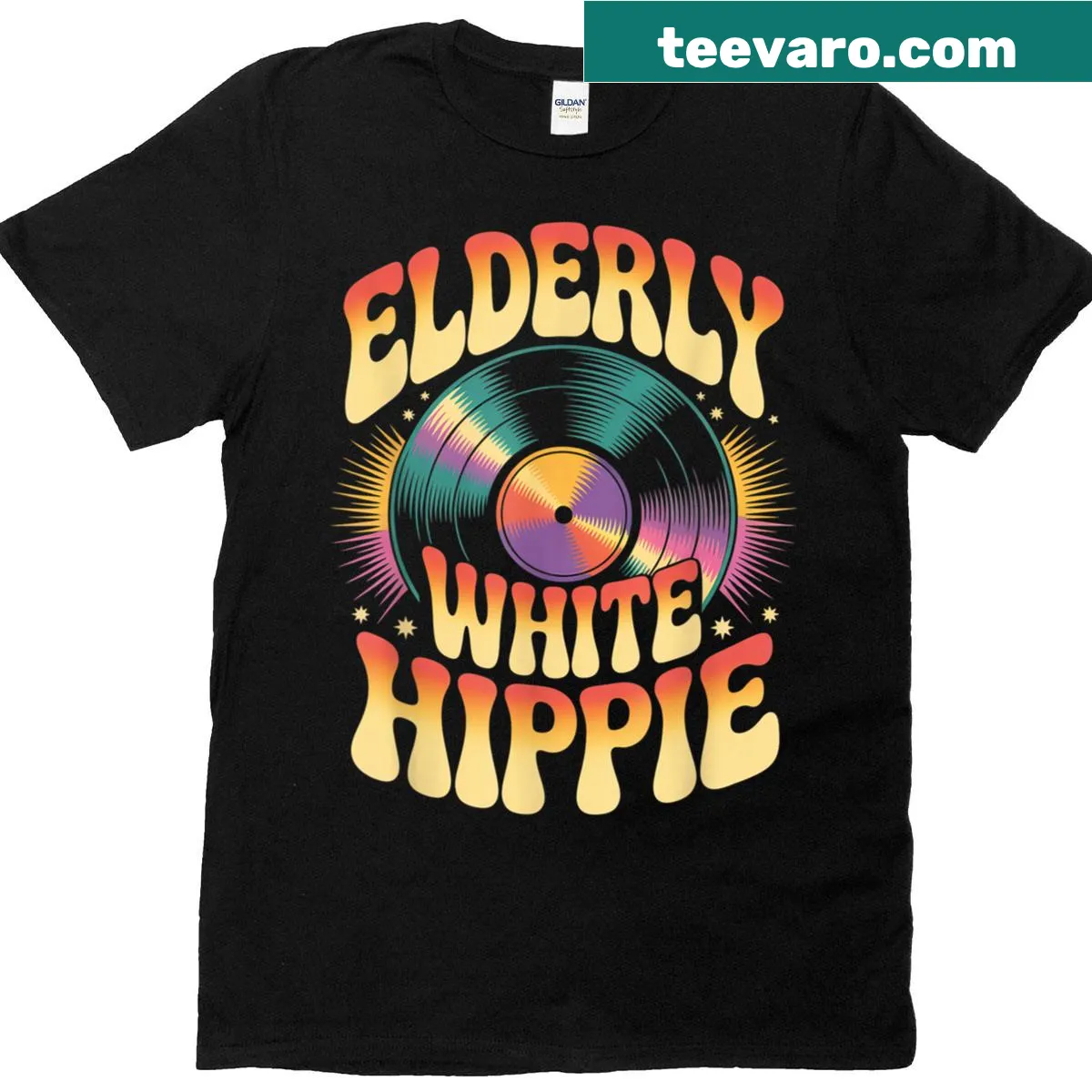 Vintage 70s style t-shirt with groovy record graphic — on a men's t-shirt