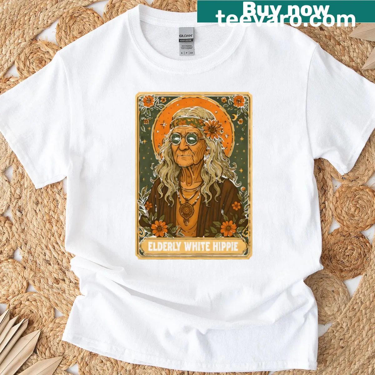 Vintage portrait of an elderly hippie in a spiritual design — on a men's t-shirt