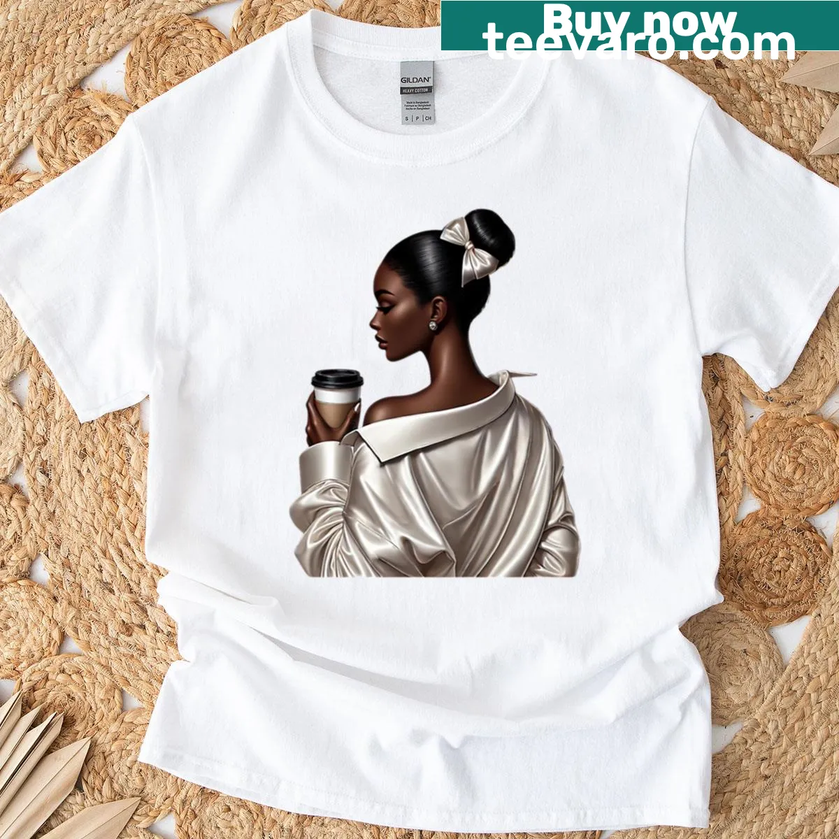 Modern illustration of an elegant black girl with coffee. — on a men's t-shirt