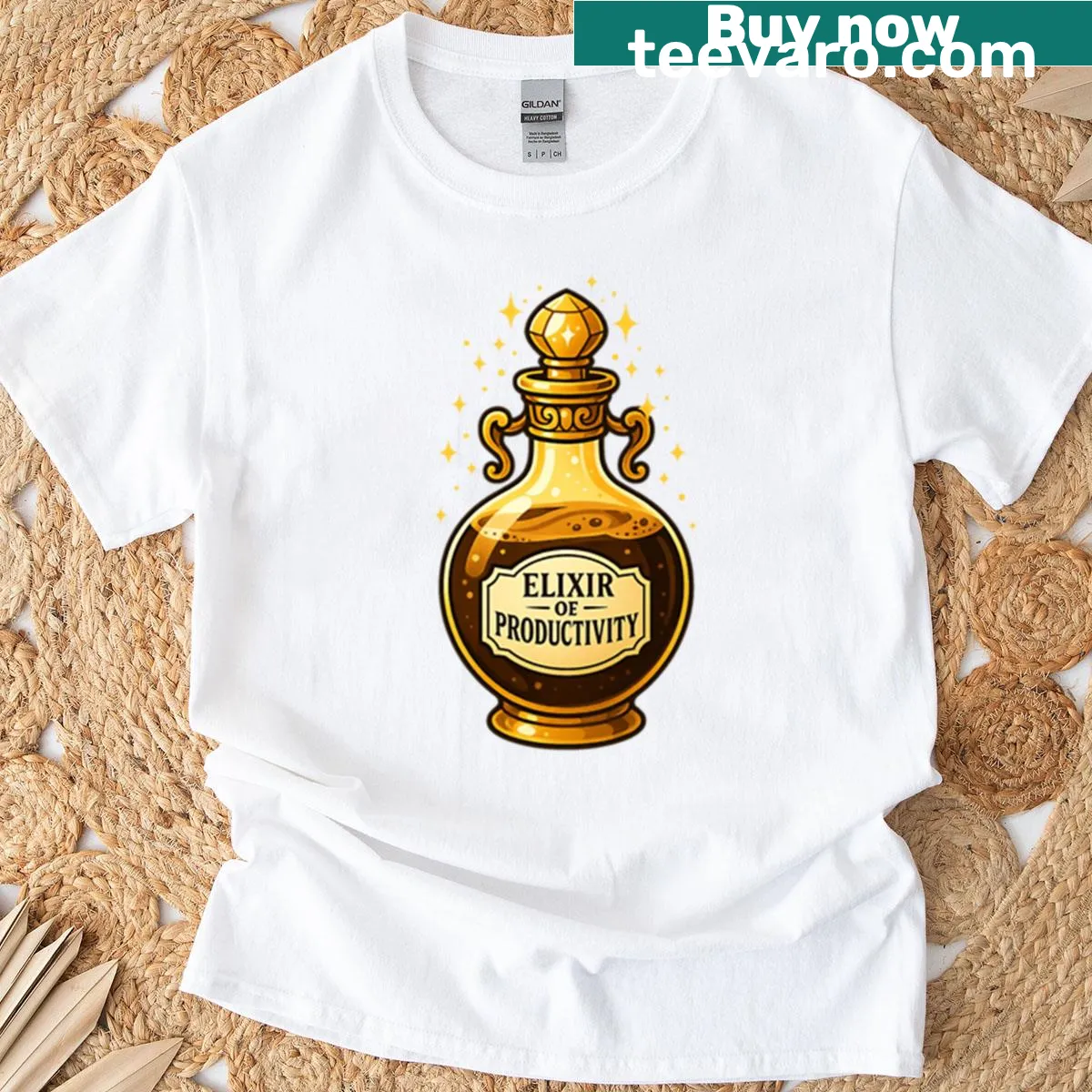 Inspirational T-shirt featuring whimsical elixir design — on a men's t-shirt