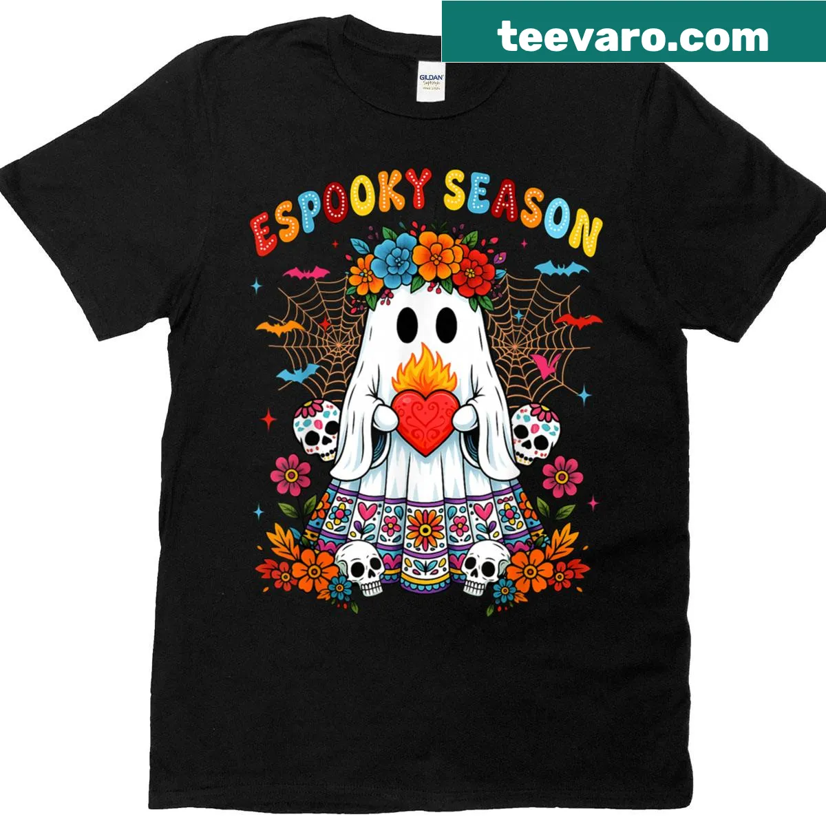 Floral ghost design for Halloween and Día de los Muertos on a T-shirt — on a men's t-shirt