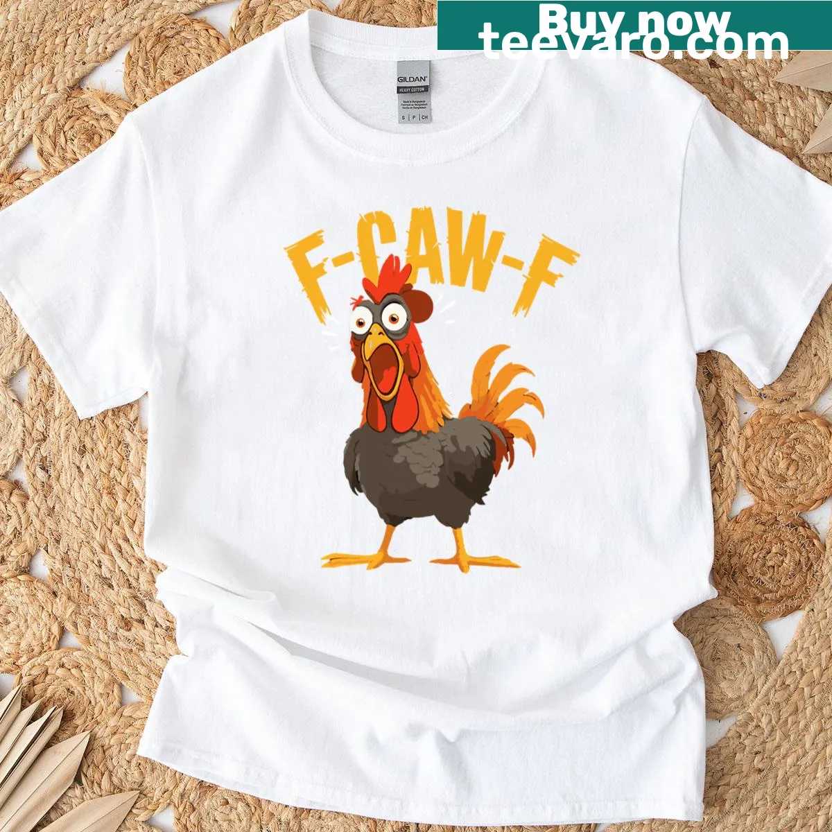 Funny F-caw-f Chicken design T-shirt with whimsical graphic and text — on a men's t-shirt