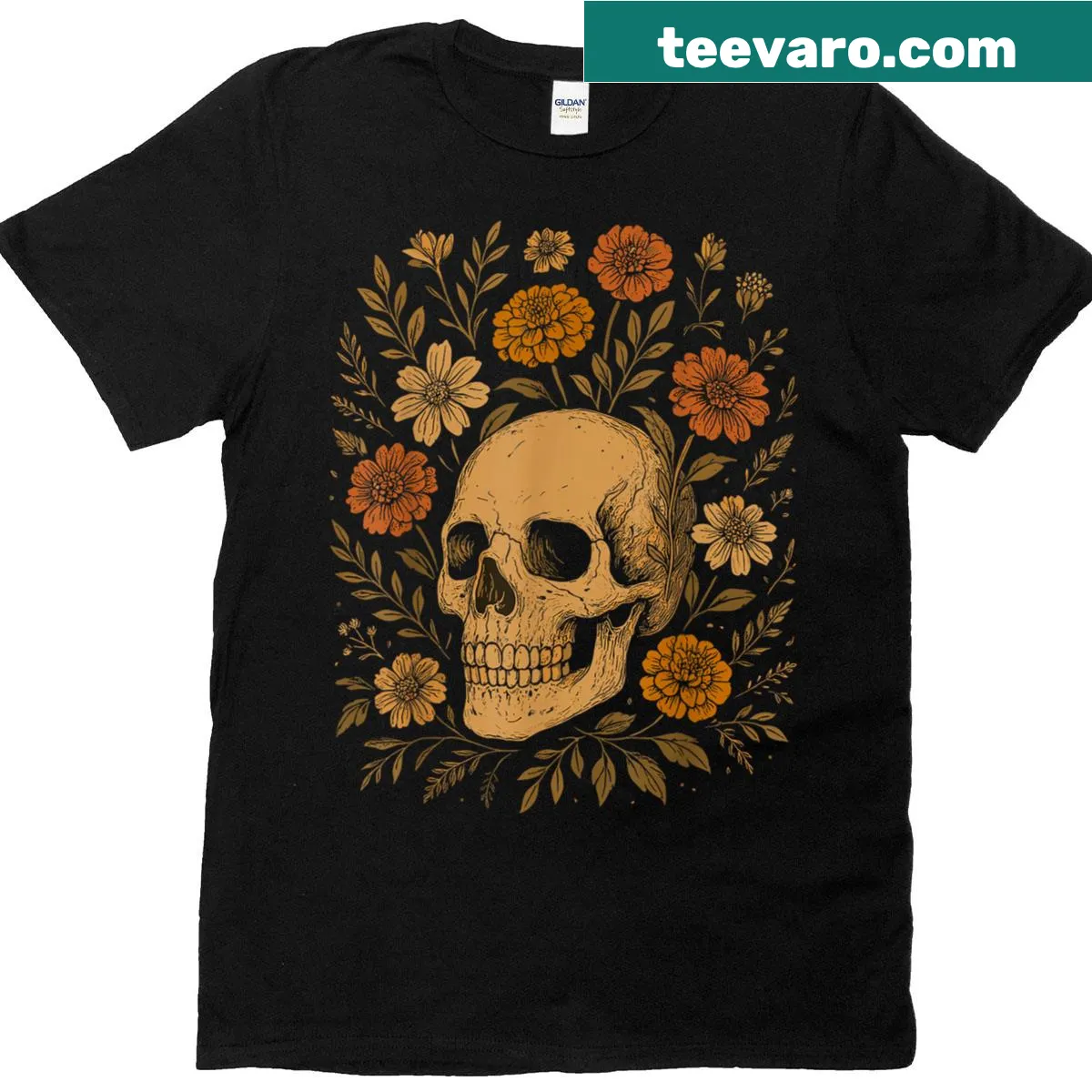 Whimsical flowers and skull design on a vintage style t-shirt — on a men's t-shirt