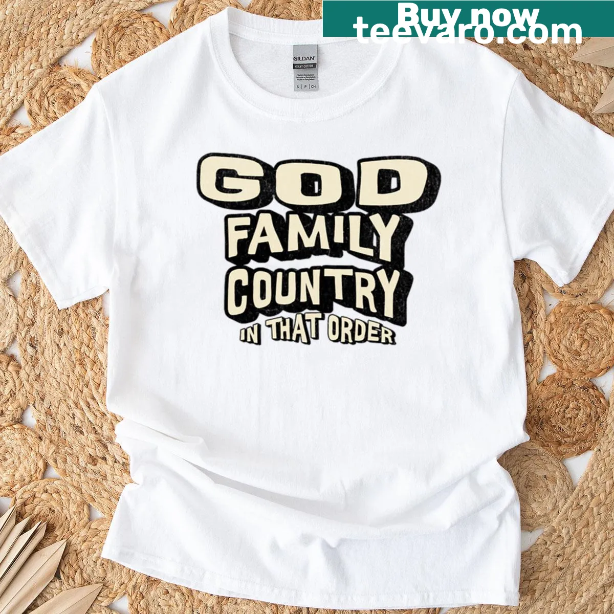 Patriotic t-shirt featuring text about faith, family, and country — on a men's t-shirt